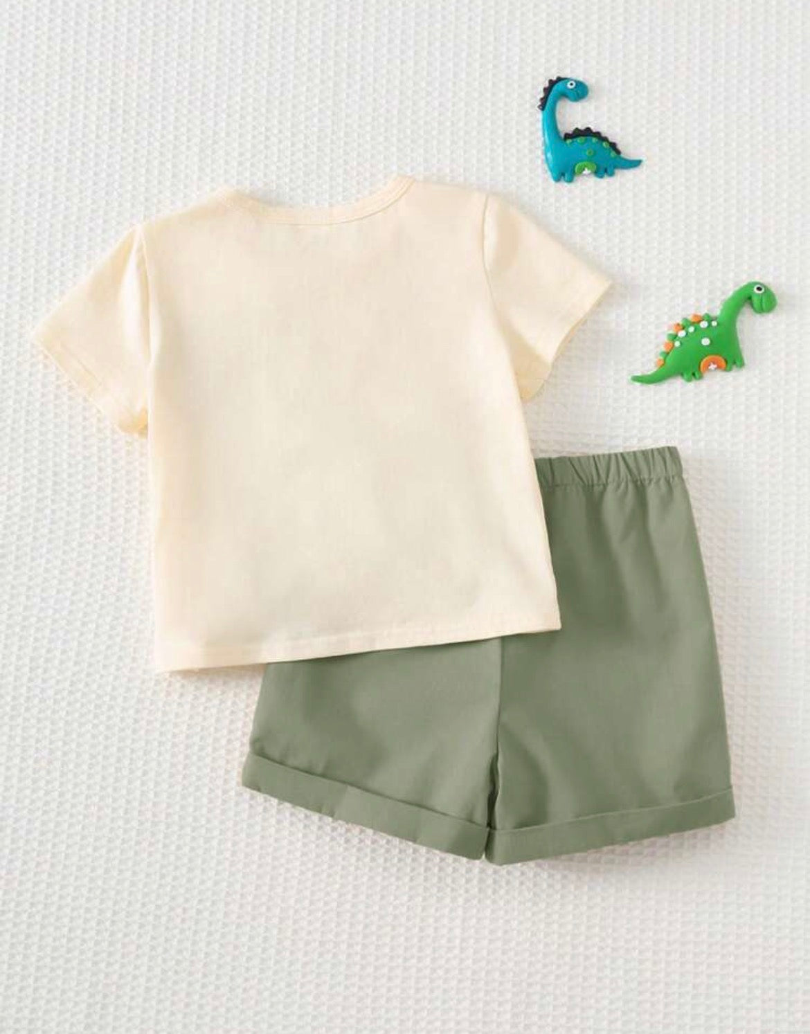 Cartoon Dinosaur Pattern Knit Soft Round Neck Short Sleeve Top And Elastic Waist Pants