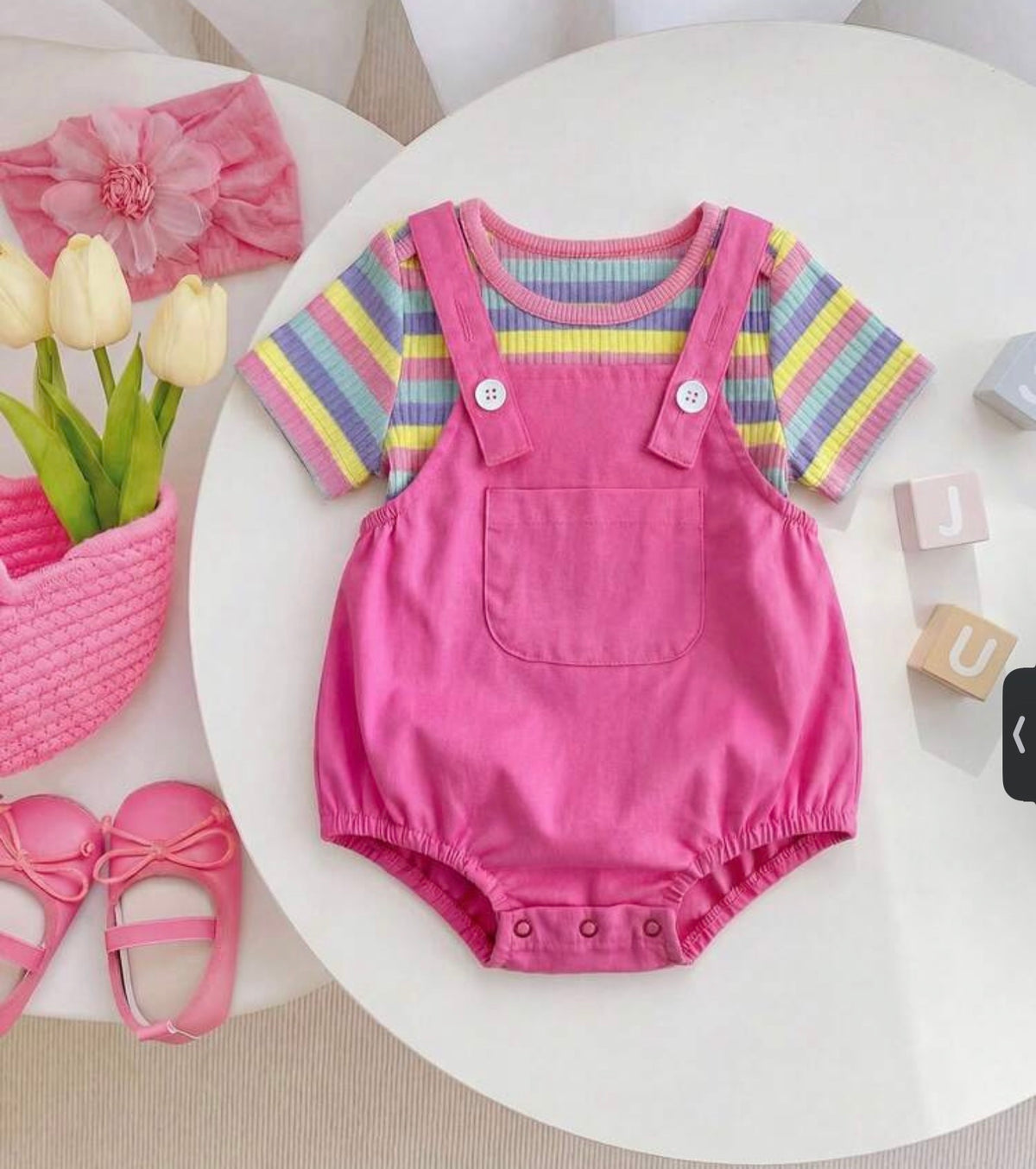 2pcs Set Pink Shirt  Matching Striped Overall