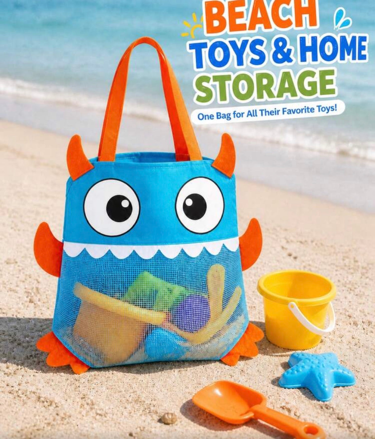 1pc Kids Beach Toy Bag, Large Foldable Mesh Tote, Cute Monster