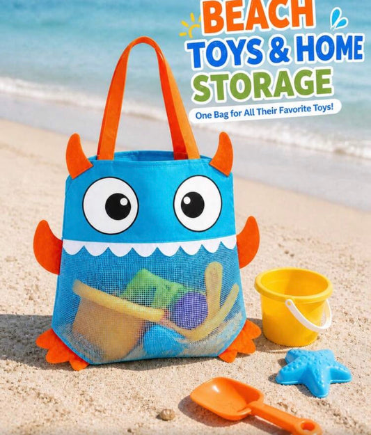 1pc Kids Beach Toy Bag, Large Foldable Mesh Tote, Cute Monster