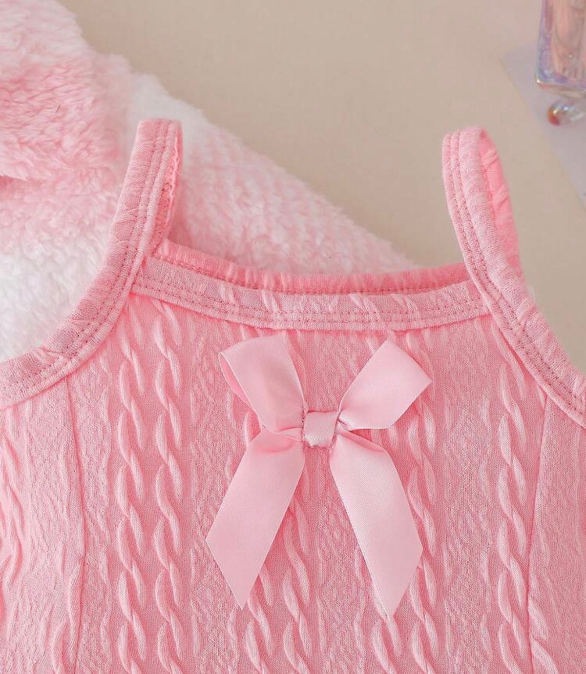 Winter Furry Long Sleeve Cardigan With 3D Bow And Lapel, Paired With Cami Dress, 2-Piece