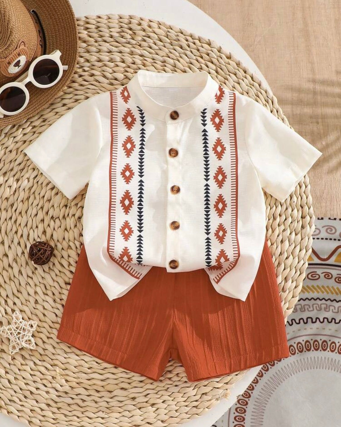 Short Sleeve Shirt With Textured Striped Fabric, Elastic Waist Solid Color Shorts