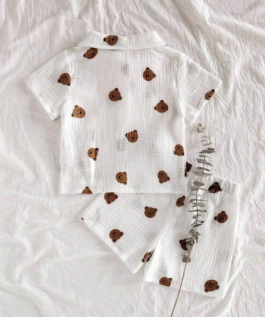 Cartoon Bear Print Short Sleeve Single-Breasted Top And Shorts
