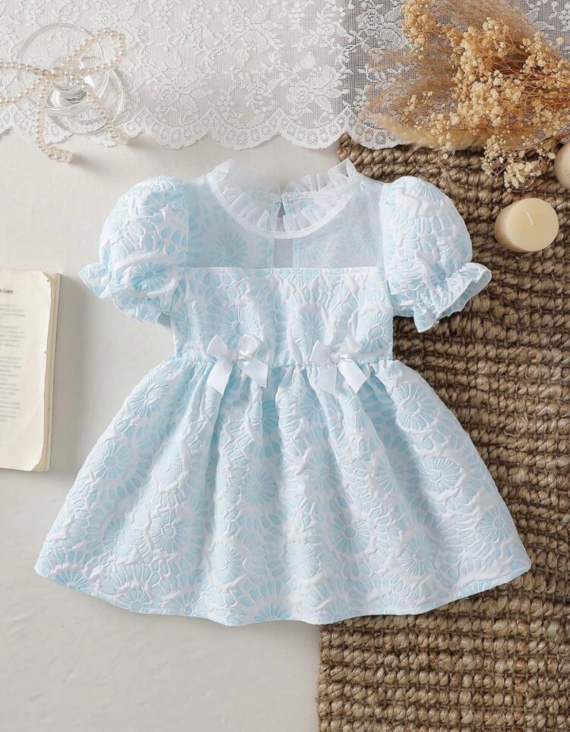 Vintaside Ruffle Collar Puff Sleeve Bow A-Line Dress,Light Blue And White Floral 3D Bow Detail Gown