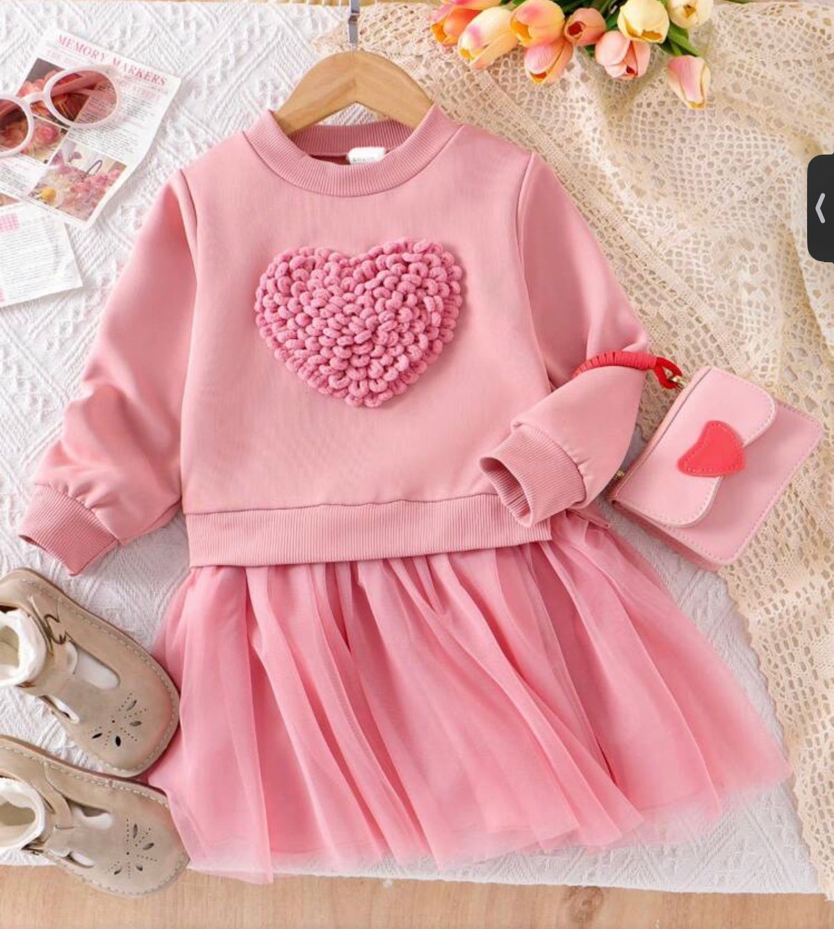 2pcs Toddler Girl Tulle Tutu Dress 3D Floral Bow Mesh Long Sleeve Round Neck