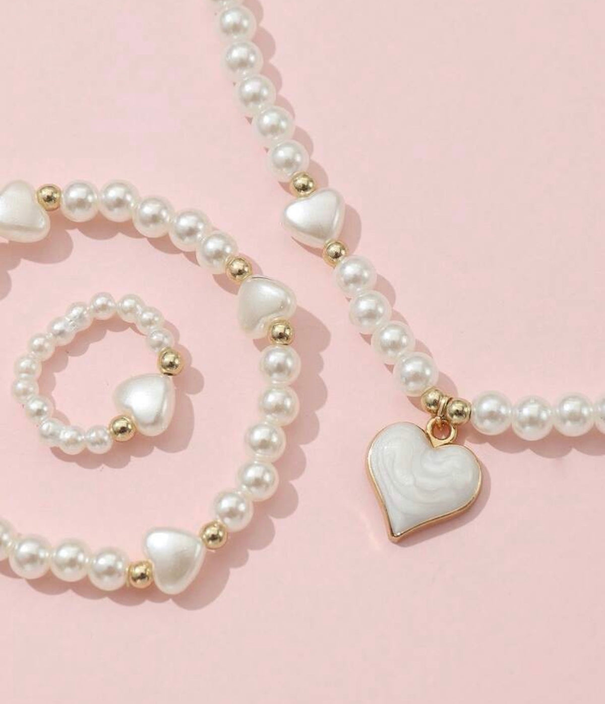 3pcs/Set Girls Pearl Beaded Oil Drop Heart Necklace, Bracelet And Ring Set