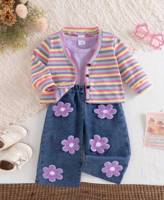 3pcs Rainbow Striped V-Neck Button-Up Long Sleeve Cardigan With Solid Color Sleeveless Inner Top, Wide Leg Pants With 3D Floral