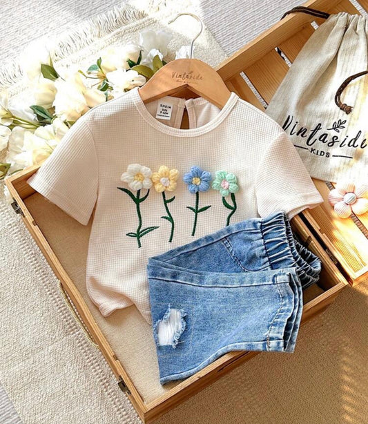 Floral Decor Round Neck Short Sleeve Top And Long Pants
