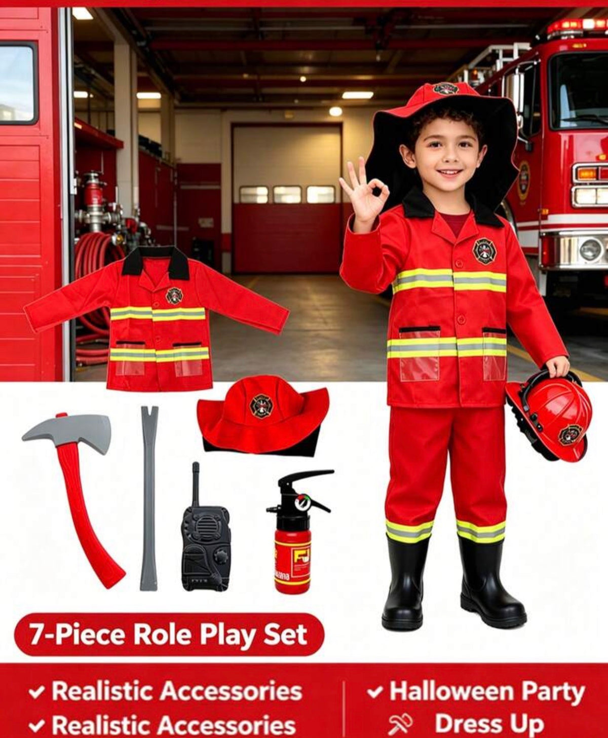 7pcs Kids Firefighter Role Play Costume Set