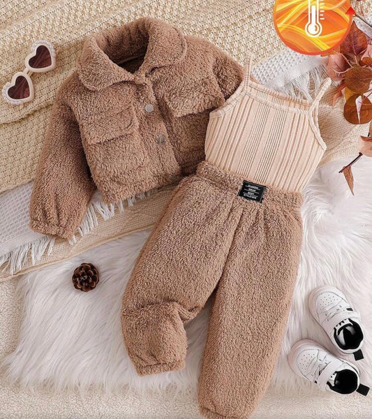 3pcs Winter Set Tank Top Turndown Collar Utility Jacket And Long Pants