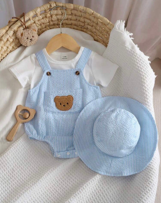 Newborn Baby Cute And Refreshing Round-Neck Short-Sleeved T-Shirt Top And Blue And White Striped Backless Bodysuit With A Hat