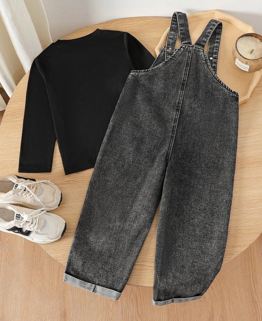 2pcs Black Knit/Woven Crew Neck Long Sleeve T-Shirt & Denim Overalls Outfit