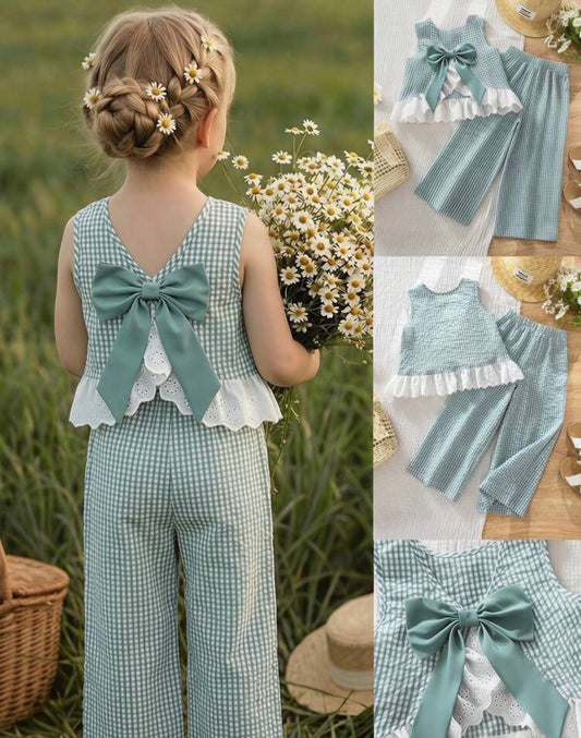 Emery Rose Bow Decor Plaid Textured Tank Top And Pants Set Sage Green
