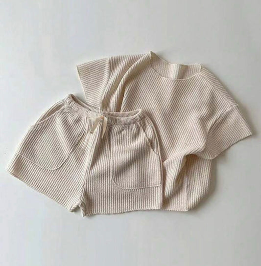 Loose Waffle Grid Short Sleeve Shorts Set
