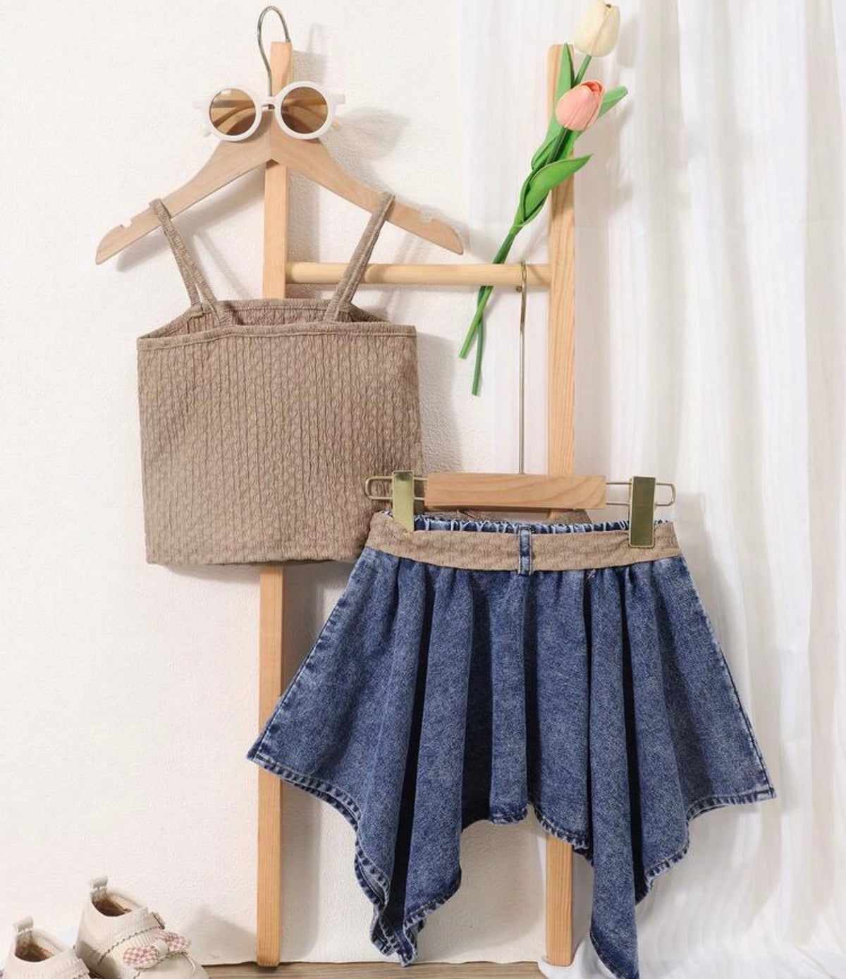 2pcs/Set Top & Asymmetrical Denim Skirt