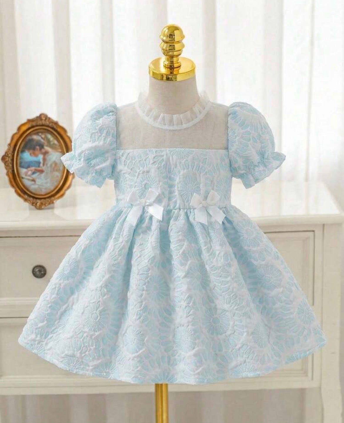 Vintaside Ruffle Collar Puff Sleeve Bow A-Line Dress,Light Blue And White Floral 3D Bow Detail Gown