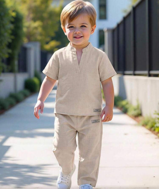 2pcs Short Sleeve V-Neck Shirt & Long Pants Set