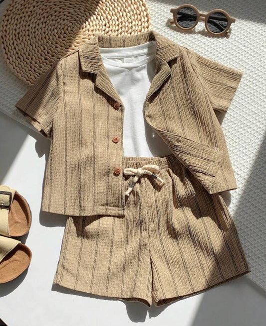 2pcs Brown Stripe Short Sleeve Shirt And Shorts