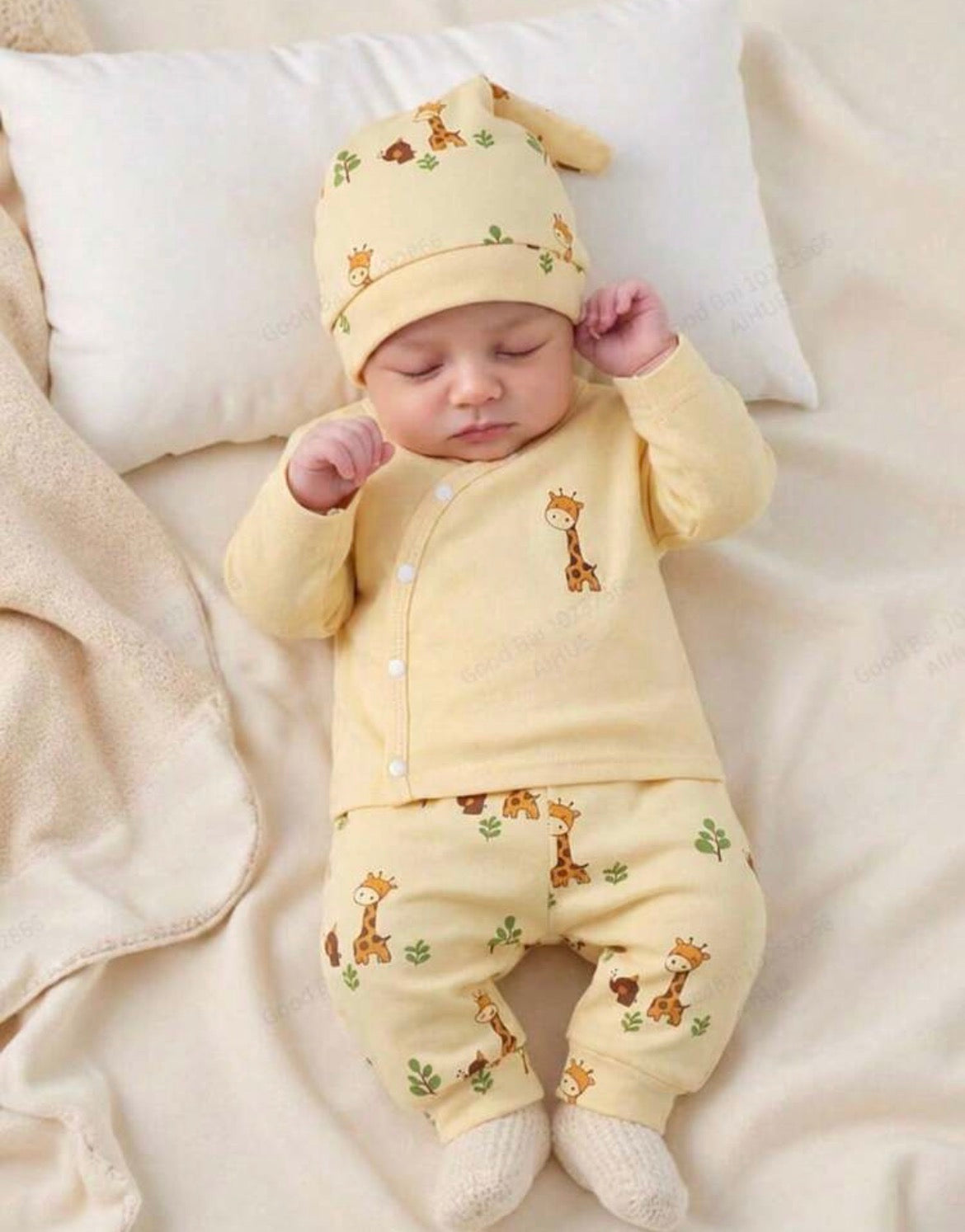 Cartoon Giraffe Print Single-Breasted Long Sleeve Top And Pants Set With Hat