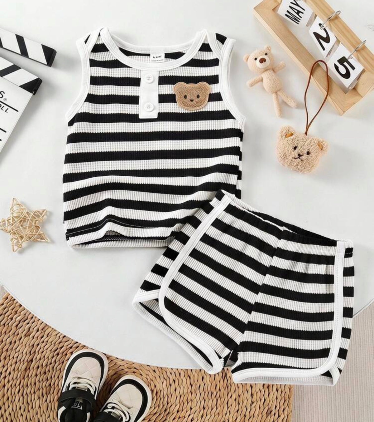Black And White Striped Bear Embroidered Sleeveless Top With Shorts, 2pcs