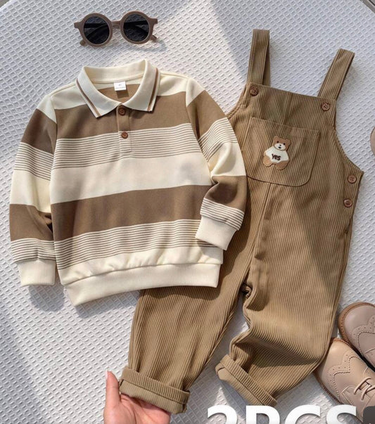 Striped Long Sleeve Top + Overalls 2 Pieces Set