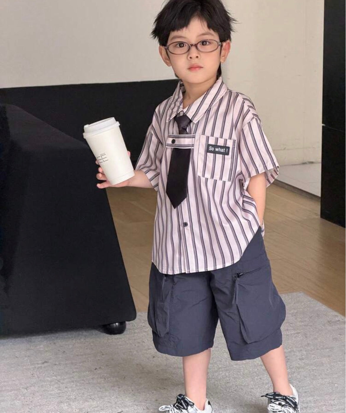 Japanese Academy Style Stripe Pattern Patch Pocket Collar Short Sleeve Shirt With Tie Set
