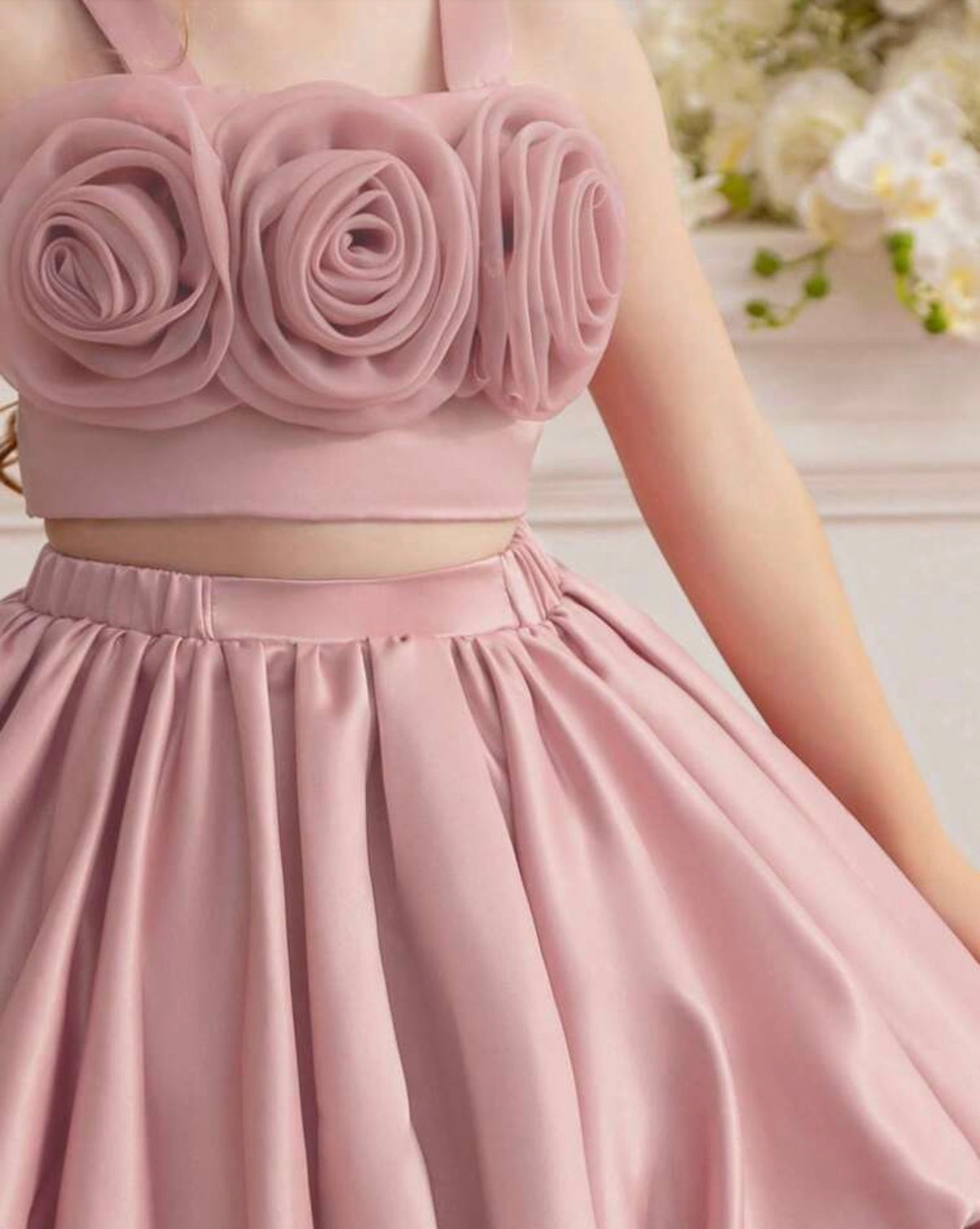 2pcs/Set Floral Embroidered Pink Spaghetti Strap Dress
