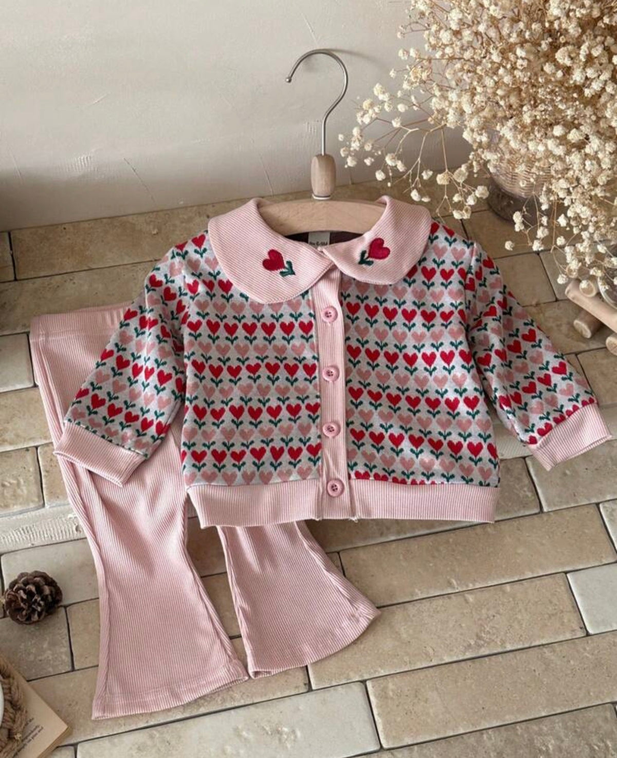 2Pcs/Set Peter Pan Collar Top + Flared Long Pants Two Pieces Set