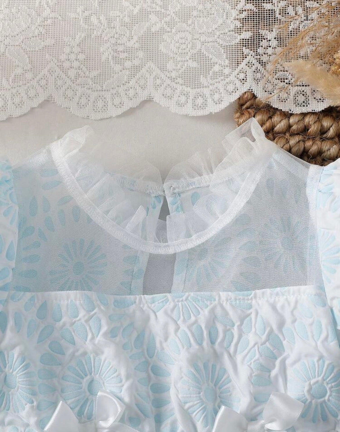 Vintaside Ruffle Collar Puff Sleeve Bow A-Line Dress,Light Blue And White Floral 3D Bow Detail Gown