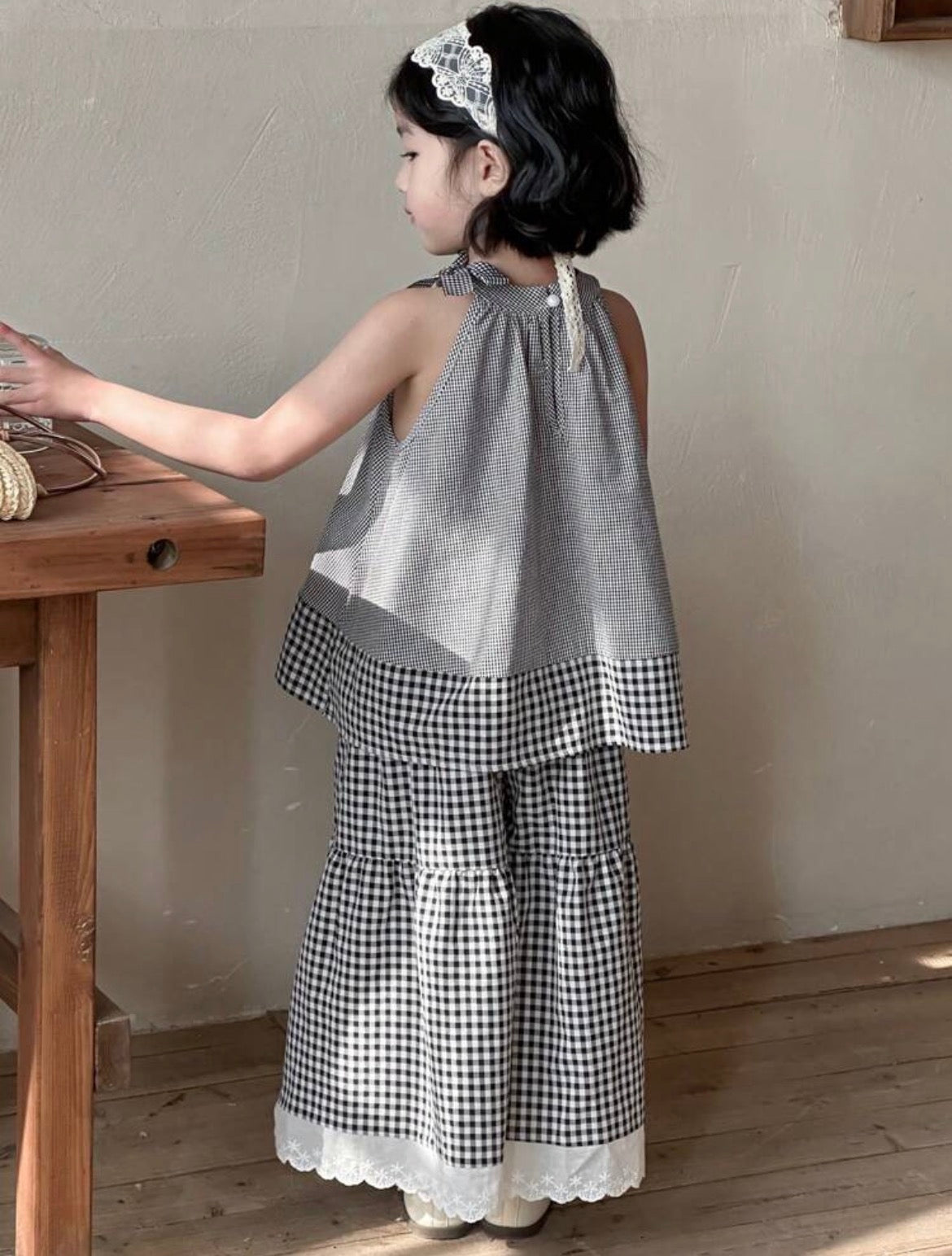 2pcs/Set Young Girl Plaid Patchwork Bow Decor Halter Top & Wide Leg Pants