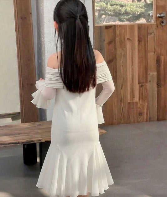 Elegant Solid Color Off-Shoulder Flare Sleeve Dress