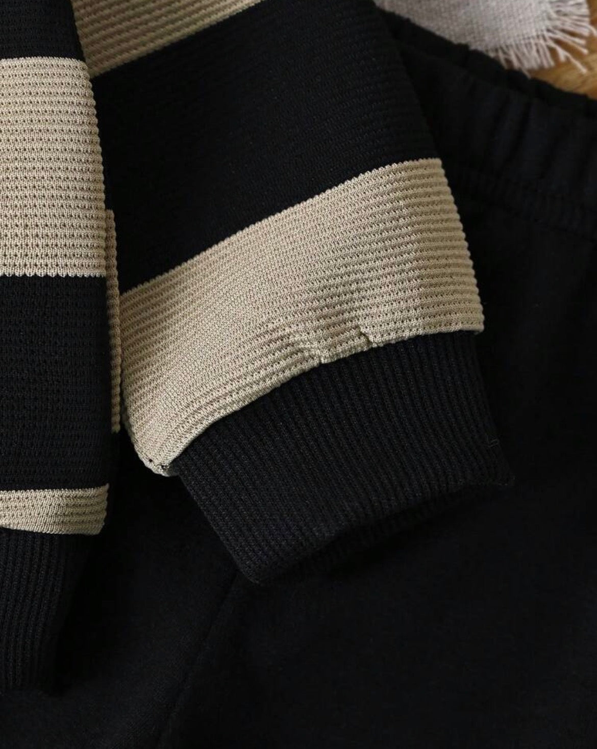 Striped Crew Neck Long Sleeve Bear Graphic Top Slim Fit Pants