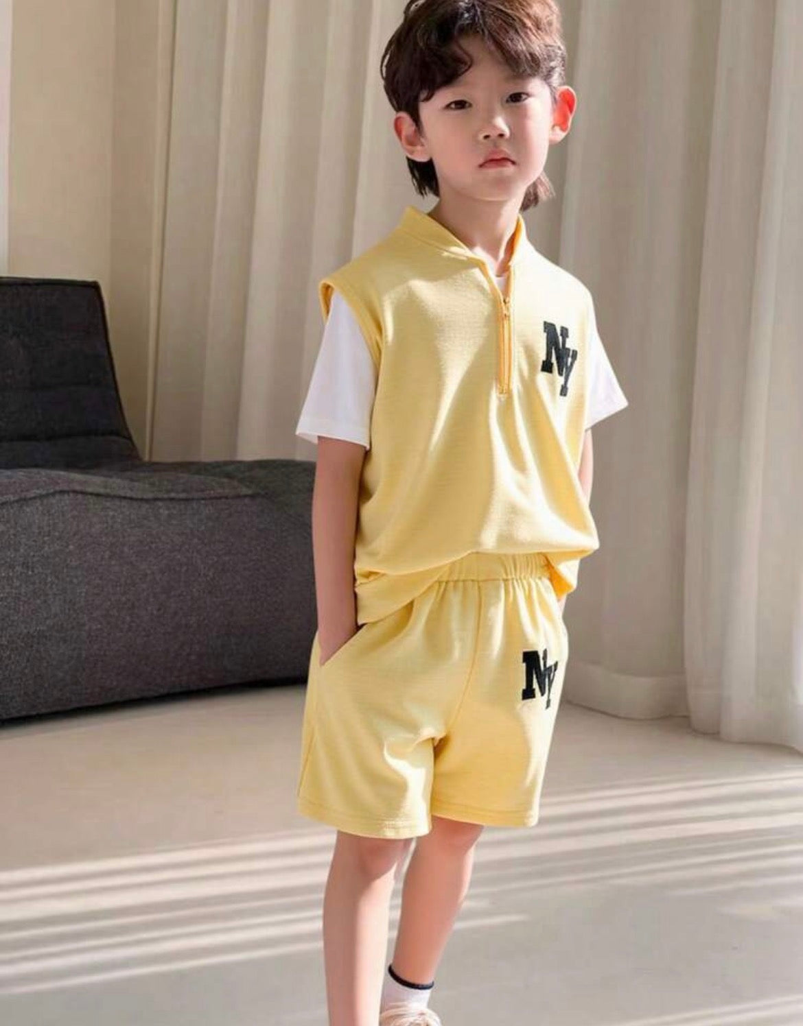 3pcs/Set Yellow Letter Embroidered Zipup Sleeveless Jacket, White Short Sleeve T-Shirt, Yellow Casual Shorts