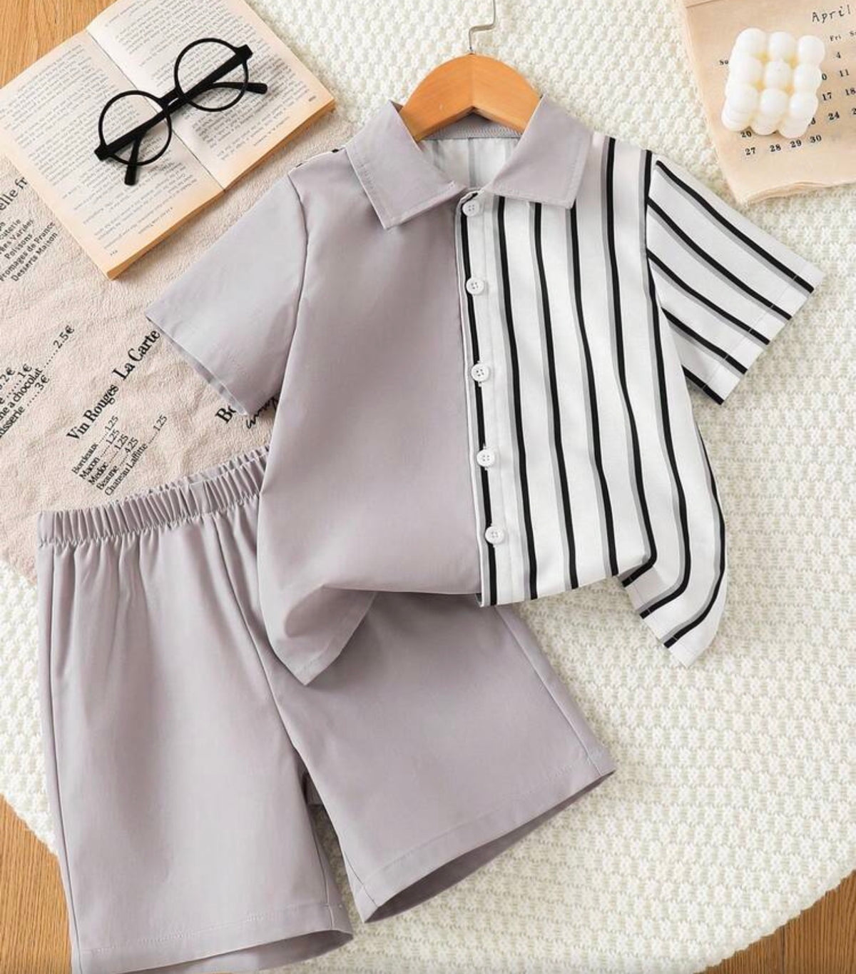 2pcs/Set Striped Print Short Sleeve Shirt And Shorts