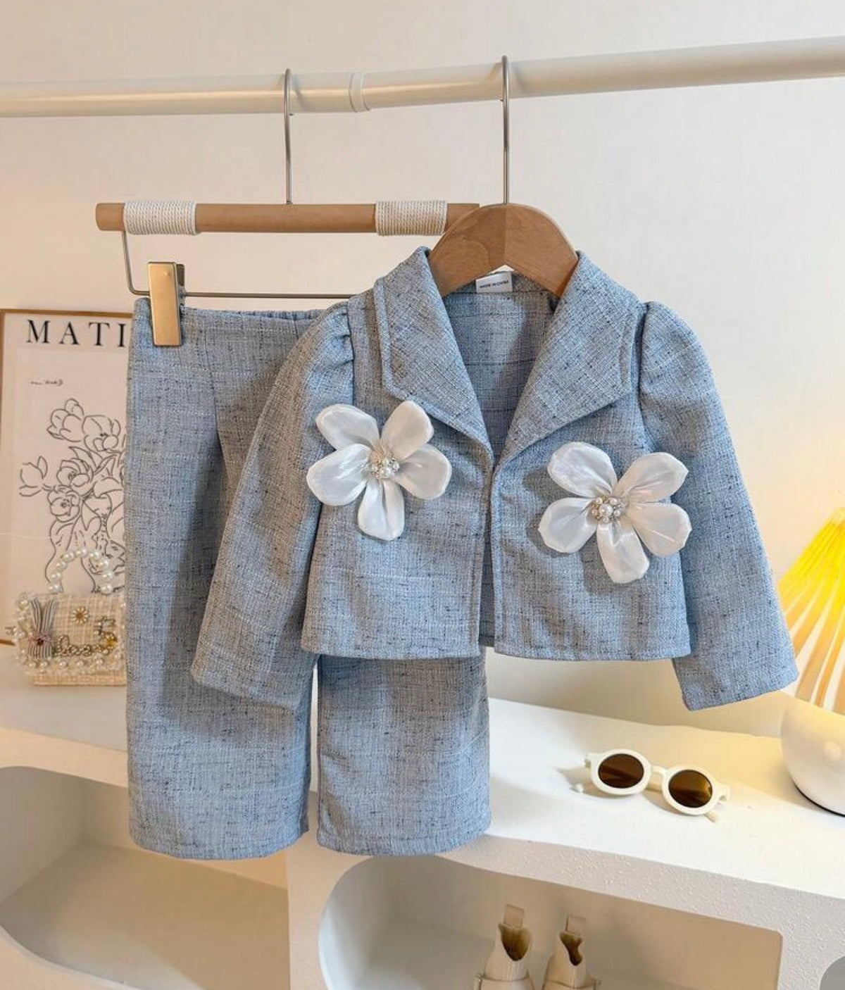 2 Pieces Set, Light Blue Tweed Short Blazer Paired With Matching Wide Leg Pants