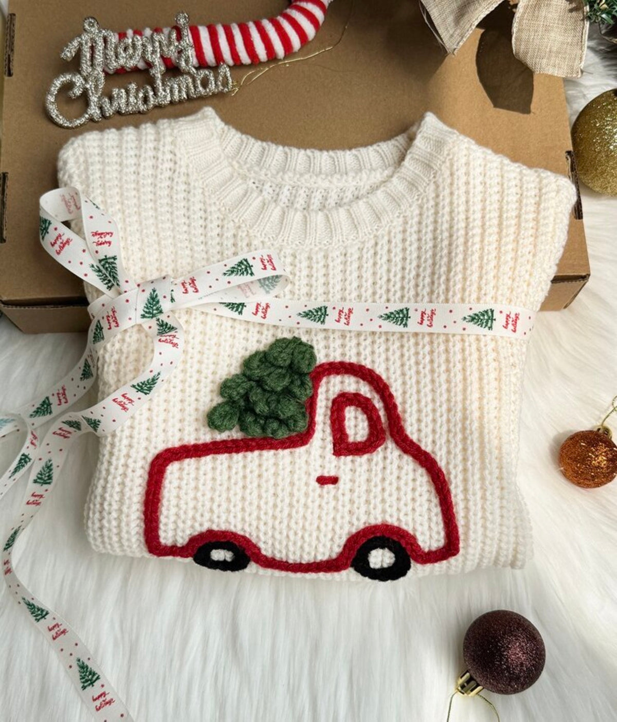 Red Truck Tree Ribbed Knit Long Sleeve Soft Thick Sweaters