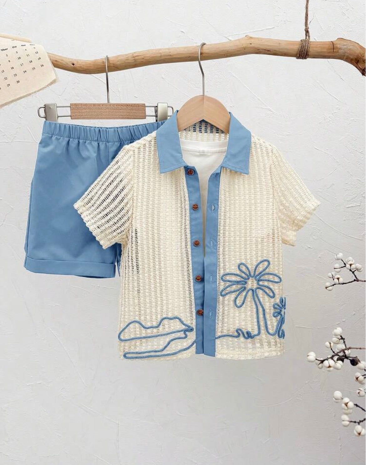 2pcs/Set Coconut Tree Hollow Out Short Sleeve Shirt And Shorts