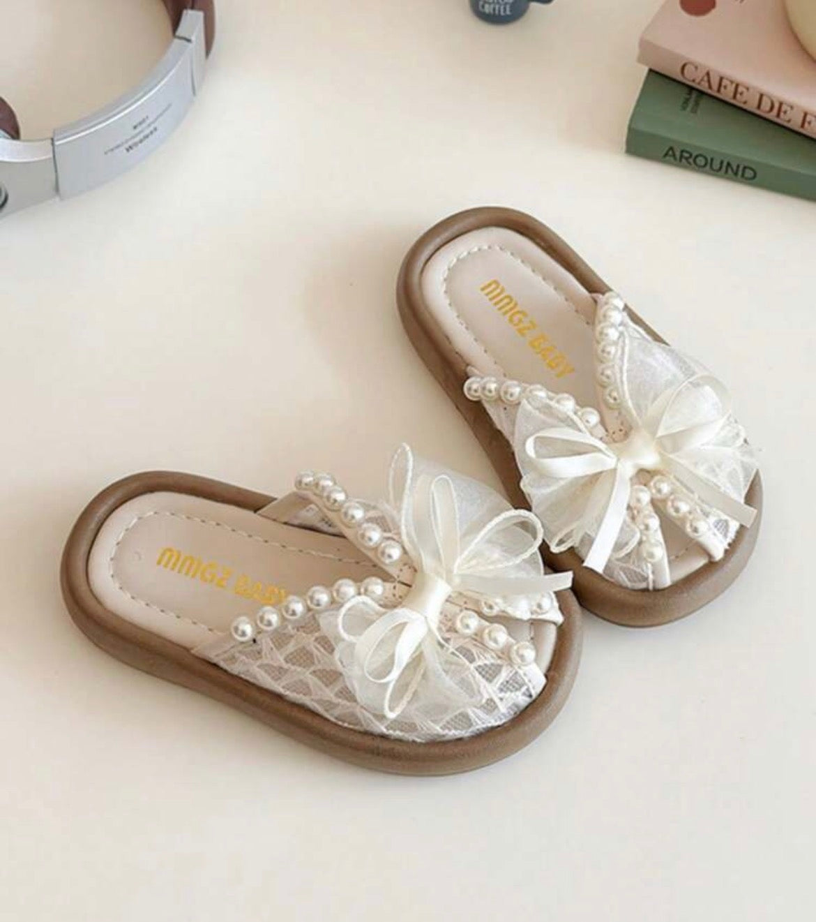 Pearl Bow Lace Open Toe Flat