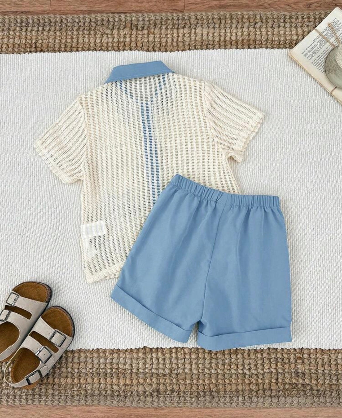 2pcs/Set Coconut Tree Hollow Out Short Sleeve Shirt And Shorts