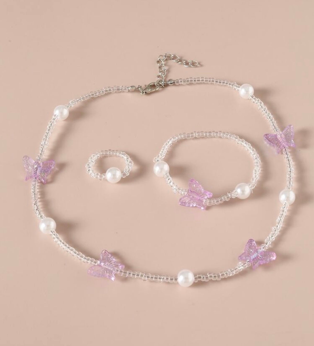 1pc Girls Butterfly & Faux Pearl Decor Plastic Necklace & 1pc Ring & 1pc Bracelet For Daily Decoration