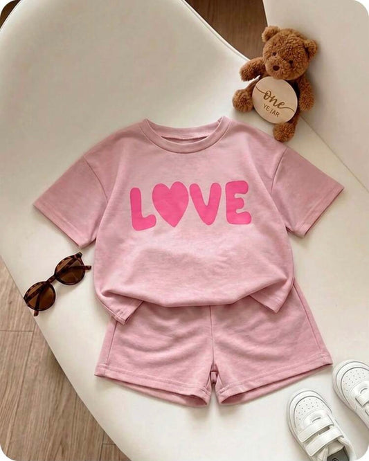Knit Pink Letter Print Short Sleeve T-Shirt Shorts Set