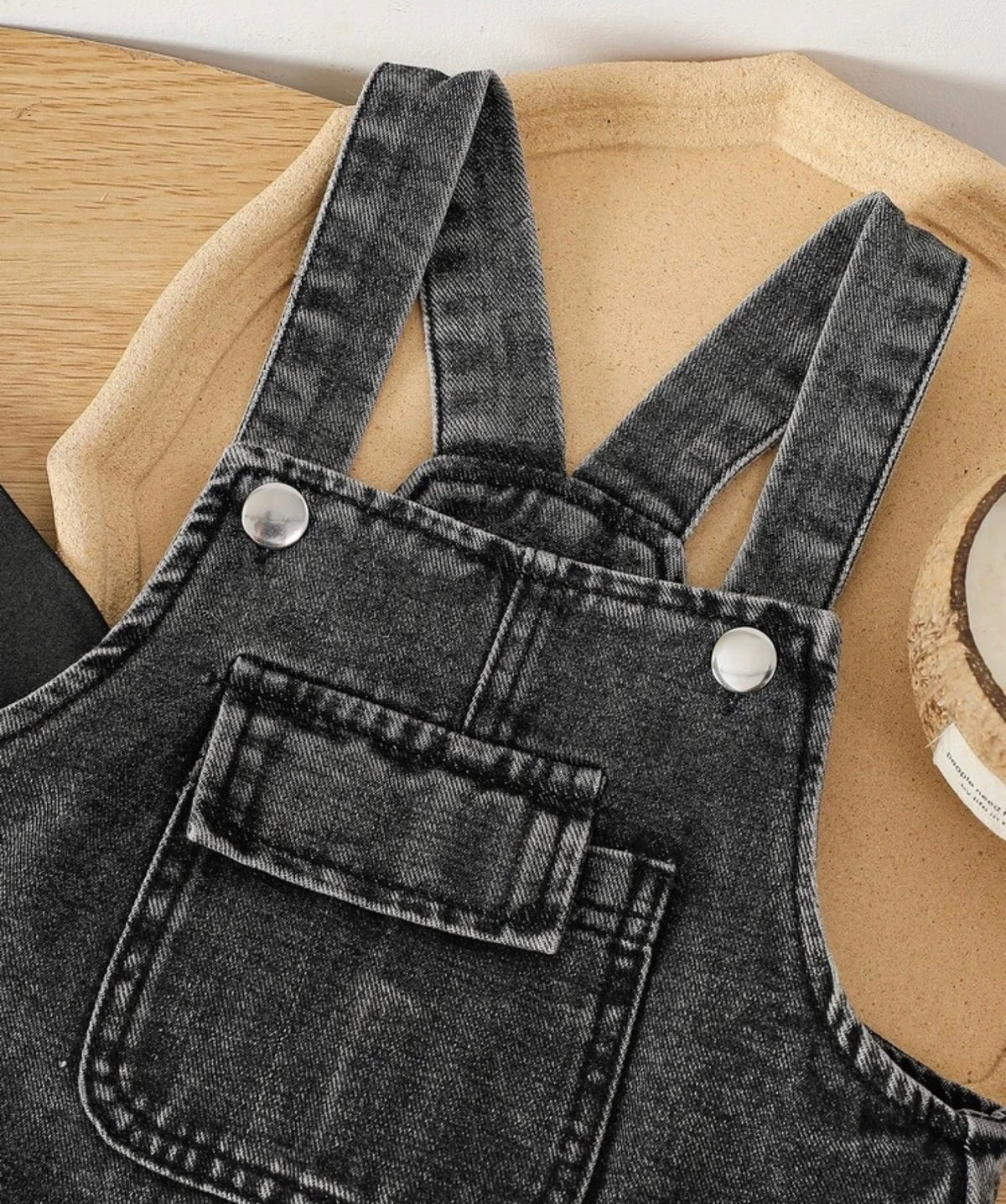 2pcs Black Knit/Woven Crew Neck Long Sleeve T-Shirt & Denim Overalls Outfit