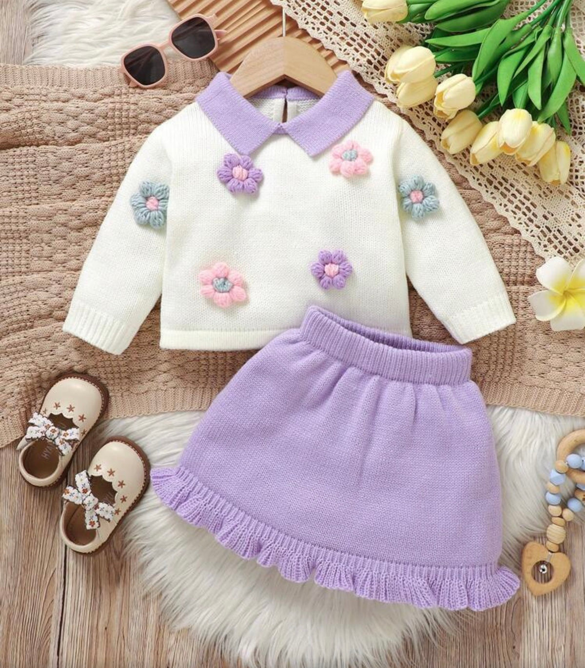 White Floral Purple Sweater Set,Long Sleeve Top With 3D Flower Pleated Skirt