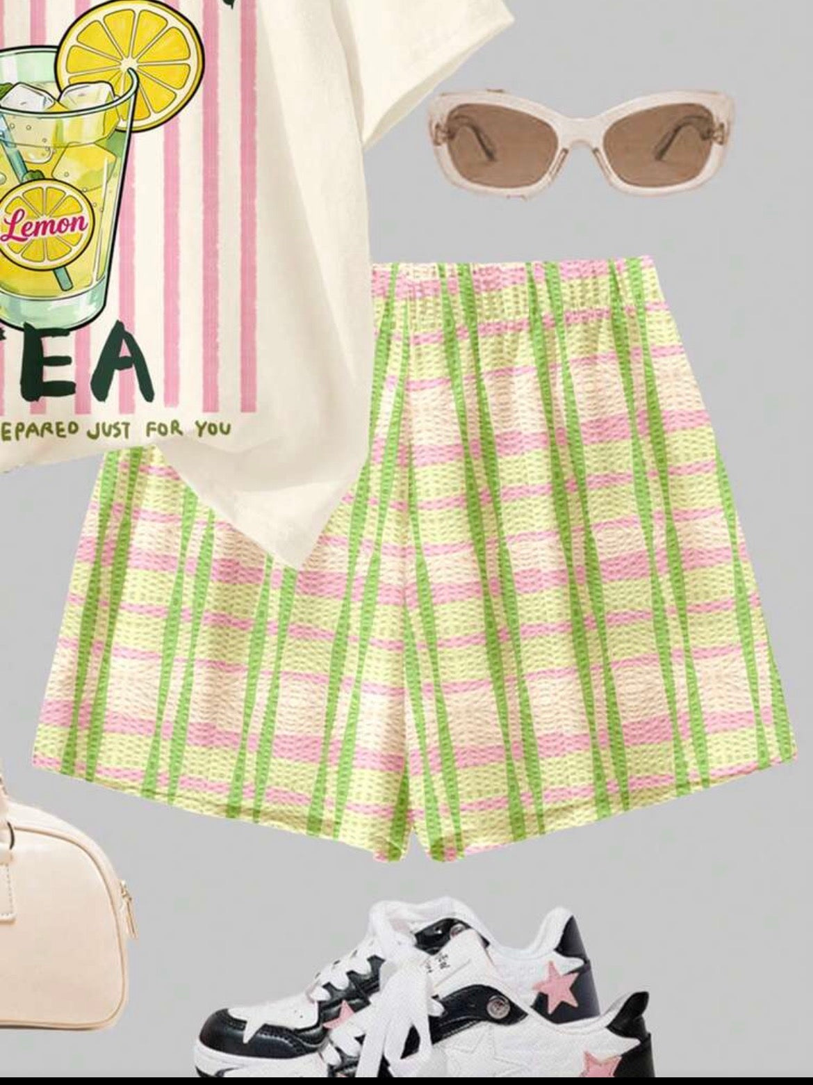 Lemon Tea Print Short Sleeve T-Shirt And Colorblock Plaid Shorts