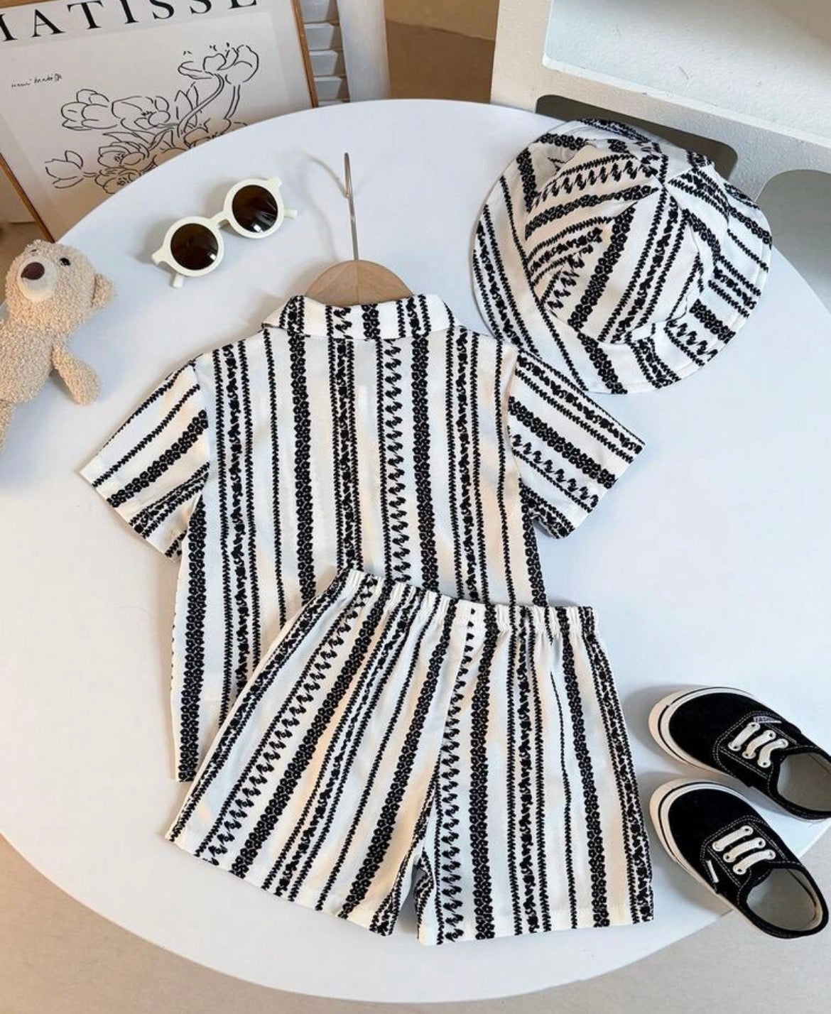 3pcs/Set Polo Collar Single-Breasted Short Sleeve Top Paired With Printed Shorts + Fisherman Hat