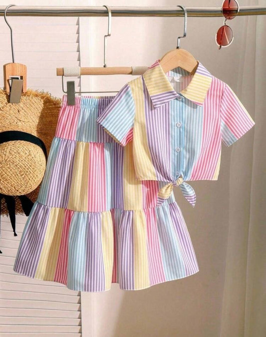 2pcs Set Dopamine Colorful Striped Pattern Knot Hem Collared Shirt And Long Skirt,