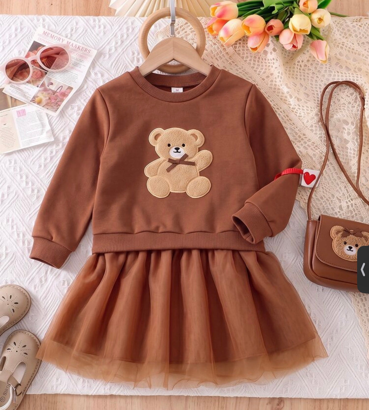 2pcs Toddler Girl Tulle Tutu Dress 3D Floral Bow Mesh Long Sleeve Round Neck