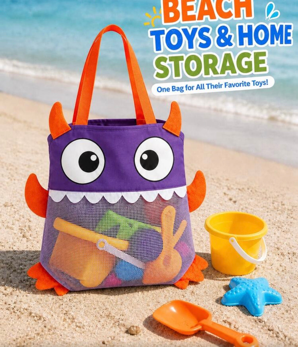 1pc Kids Beach Toy Bag, Large Foldable Mesh Tote, Cute Monster