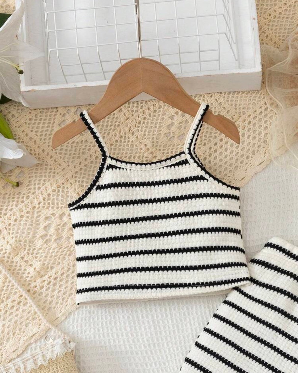 Black & White Striped Hollow-Out Knit Fabric, Fitted Silhouette With Spaghetti