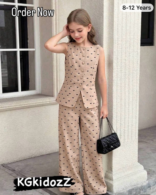 Flocked Bow Sleeveless Top And Straight Leg Pants Set